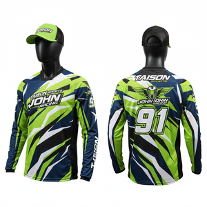 Maillot de course BMX pour hommes, 180 GSM, maille polyester respirante, vert fluo, bleu marine, design à panneaux blancs, sublimation, logo personnalisé - Product Image 1
