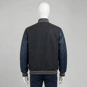 Veste universitaire en laine gris foncé pour homme avec manches en cuir, col rabattu, fermeture éclair, vêtement décontracté pour l'automne - Product Image 2