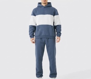 Survêtement à capuche pour homme, bleu et blanc, à blocs de couleur, manches longues, sweat-shirt décontracté avec poches latérales, coupe classique, pour l'automne - Product Image 1