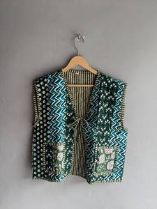 <b>Quilted</b> Cotton Vest With Patchwork <b>Pattern</b> And Floral Pockets V Neck Belt Closure Women's Autumn <b>Jacket</b> GIFT FOR HER - Product Image 1