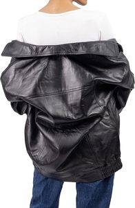Chaqueta Bomber de Cuero Genuino para Mujer, Manga Larga, Cuello Camisero, Cierre de Cremallera, Estilo Otoñal, Color Sólido - Product Image 2