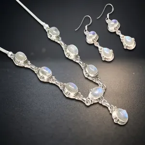 Parure de bijoux en argent sterling 925 avec pierre de lune arc-en-ciel, collier et boucles d'oreilles, design chaîne ovale, sertissage clos, bijoux pour femme - Product Image 4