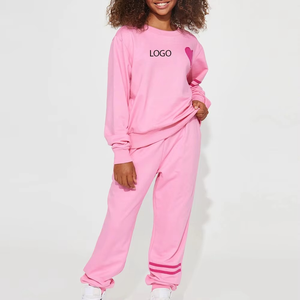 Ensemble de survêtement en coton rose pour femmes grandes tailles, col rond, manches longues, coupe ample, couleur unie, vêtements décontractés d'automne avec poches latérales - Product Image 1