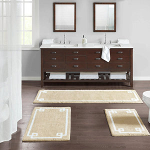 Alfombra de baño beige de diseño griego, suave y felpuda, con elegante borde blanco, absorbente, ideal para el baño. - Product Image 4