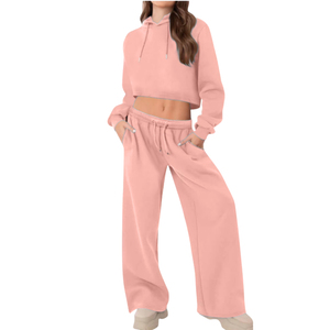 Ensemble décontracté 2 pièces pour femme, bleu marine, avec crop top à capuche et pantalon large, coupe ample, manches longues, en coton tricoté uni et respirant, idéal pour l'été - Product Image 3