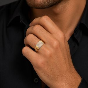 Solid 18K Gold <b>Mens</b> Diamond Multi Row Cluster <b>Ring</b> Rectangular Micro Pave Geometric High Polish Statement Wedding Party Daily - Product Image 5
