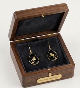 Pendientes artesanales de latón en forma de lágrima con siluetas de pájaros dorados sobre esmalte negro con revestimiento protector resistente al deslustre. - Product Image 4