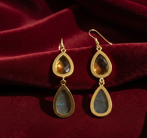 Natural Labradorite & Yellow Hydro Earrings | 15x20mm Pear | 925 Sterling <b>Silver</b> 18K Gold <b>Plated</b> | 5.5 Inch Statement Jewelry - Product Image 3