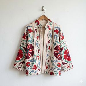 Traditional Cotton Canvas Hand Embroidered Suzani Jacket-Women's Suzani Short Jackets Summer Coat Casual <b>Dresses</b> - Product Image 1