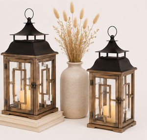<b>Set</b> of 2 Style Rustic Wooden <b>Lanterns</b> with Decorative Metal Top Distressed Farmhouse Candle Holder for Outdoor Garden Accents - Product Image 4
