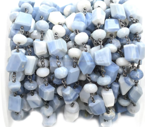 Chaîne en fil torsadé plaqué argent sterling 925 oxydé noir avec pépites d'opale bleue et perles rondes pour la fabrication de bijoux - Product Image 3