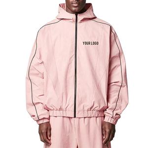 Light <b>Pink</b> Contrast Piping Plus Size Knitted Windbreaker Tracksuit Men Custom Logo 2 Piece Hooded Jacket Pants Set Casual Baggy - Product Image 1