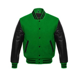 เสื้อแจ็คเก็ตวาร์ซิตี้สีเขียวสำหรับผู้ชาย แขนหนัง PU สีดำ ปกคอพับ สไตล์ลำลองสำหรับฤดูใบไม้ร่วง ทรงปกติ - Product Image 1