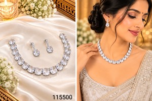 Cushion Cut Stone Link American Diamond <b>Necklace</b> <b>Set</b> With Matching <b>Earrings</b> Elegant <b>Silver</b> Plated Party Wear Jewelry Collections - Product Image 5