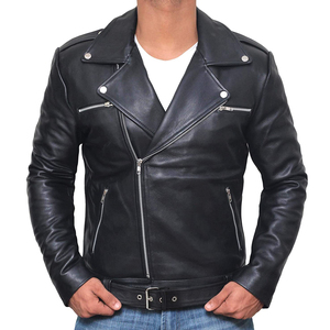 Chaqueta de Motociclista de Cuero Genuino para Hombre, Cuello Camisero, Cierre de Cremallera, Cinturón, Corte Ajustado, Color Negro Sólido, para Otoño e Invierno - Product Image 3