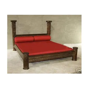 Antique Style Sheesham Wood & Old Pillars Indian Queen Size Hand Carved Double Bed without Storage from Indian Supplier