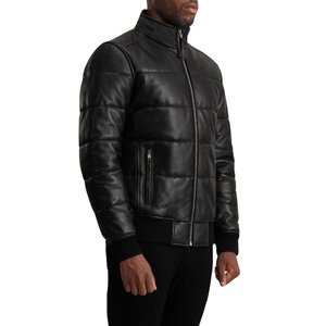 Veste matelassée en cuir véritable noir pour homme, col montant, fermeture éclair, coupe-vent, manteau d'hiver - Product Image 4