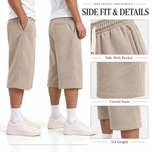 Shorts en molleton de coton 3/4 pour homme, taille élastique avec cordon de serrage, beige, coupe ample, poches latérales, streetwear décontracté, marque privée - Product Image 5