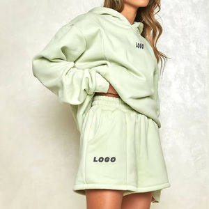 ชุดเซ็ตฮู้ดดี้และกางเกงขาสั้นผ้าฟลีซคอตตอนเนื้อหนาคุณภาพสูงสำหรับผู้หญิง ตกแต่งด้วยงานปักแบบเรียบง่าย สไตล์สตรีทแวร์สำหรับฤดูหนาว - Product Image 6