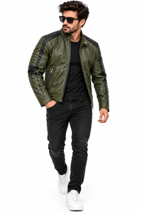 Veste de moto en cuir véritable vert olive pour homme, col montant, fermeture éclair, veste de motard, design de logo personnalisé, veste en cuir - Product Image 6