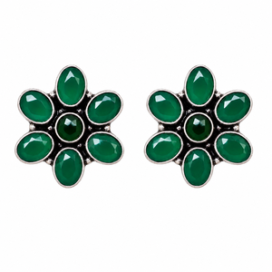 MOQ Available Green Onyx Oxidized <b>Silver</b> Vintage Floral <b>Stud</b> <b>Earrings</b> | Brass Ethnic Women's Fashion Jewelry Wholesale India - Product Image 1
