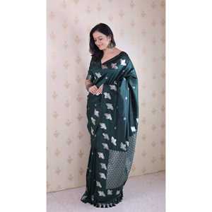 Sari de seda suave Elite Weaves Dual Zari con borde de pájaro, color verde botella, 650g, para ocasiones especiales - Product Image 2