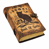 Cuaderno Grimoire de Cuero con Borde Rústico Hecho a Mano NEW ERA, Impresión UV, Cosido con Hilo, Diseño de Gato Bruja, 100 Hojas