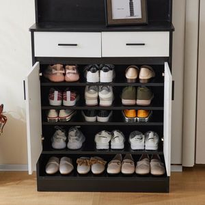 White & Black Entryway Bedroom Armoire <b>with</b> Hanging Rod <b>Drawers</b> <b>and</b> <b>Shelves</b> Handles Portable <b>Wardrobe</b> <b>and</b> Shoe Cabinet - Product Image 6