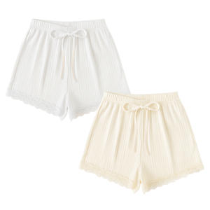 Shorts décontractés pour femmes, taille haute, respirants, en tricot côtelé, avec dentelle et cordon de serrage, en tissu extensible doux, coupe ample - Product Image 1