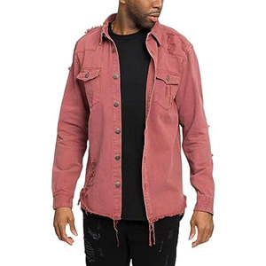 <b>Men's</b> Pink Denim Shirt <b>Jacket</b> with Frayed Edges Stand Collar Solid Windproof Casual Style Washed Cotton <b>Long</b> Sleeve Winter Wear - Product Image 1