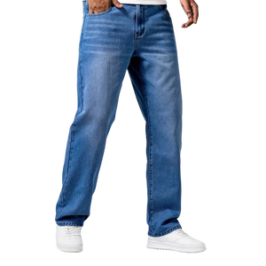 Jeans en denim bleu clair pour homme, coupe droite, fabrication sur mesure avec options de design, couleur, logo et emballage personnalisés disponibles - Product Image 2