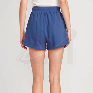Women's High Waist Blue Knitted Shorts With Pockets <b>Drawstring</b> Closure Casual Loose Fit Breathable Solid Color - Product Image 2