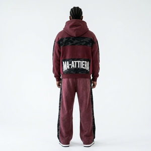 Men Burgundy <b>Black</b> Camouflage <b>Zip</b> <b>Up</b> <b>Hoodie</b> Tracksuit Set Loose Fit Streetwear Panel Design Custom OEM ODM Wholesale - Product Image 2