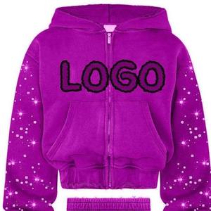 Survêtement à capuche pour filles, imprimé pailleté, manches longues, fermeture éclair, coupe décontractée ample avec logo et motif à pois sur le devant, idéal pour l'automne - Product Image 2