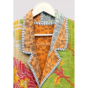 Chaqueta de Algodón Acolchada Ecológica con Bordado Kantha Vintage para Mujer, Cuello en V Floral, Ribete en Contraste, Bolsillos, Estilo Blazer - Product Image 6