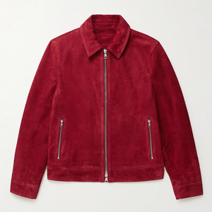 Blouson bomber en daim rouge pour homme, col rabattu, fermeture éclair, style décontracté, automne, manches classiques, couleur unie - Product Image 1