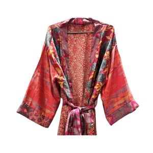 Vestido Kimono Floral Vintage de seda India para mujer, ropa de verano de playa Bohemia Hippie con cierre de cintura elástica, bata Kimono - Product Image 6