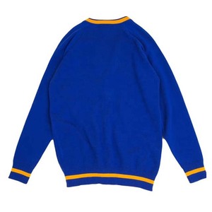Blue V-Neck Knitted <b>Cardigan</b> With Yellow Trim <b>Long</b> Sleeve <b>Women's</b> Classic Button Front Sweater All Seasons Wear - Product Image 4