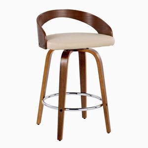 Sgabello da bar Grotto Mid-Century Modern da 26 pollici in legno di noce e similpelle crema con altezza fissa e girevole - Sgabelli da bar - Product Image 2