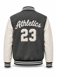 Veste universitaire unisexe grise, patchwork, lettres brodées sur le devant, col rabattable, coupe-vent, éco-responsable, streetwear, vêtements d'hiver - Product Image 2