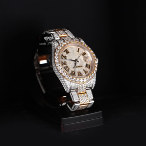 นาฬิกาข้อมือผู้ชายแบบอัตโนมัติ ดีไซน์หรูหรา หน้าปัดโรมัน สีเหลืองขาวสองสี สไตล์ฮิปฮอป ประดับเพชรโมอิสซาไนต์เต็มเรือน - Product Image 2