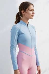 Women Leather Motorcycle Racing Suit Blue Pink Color Blocked Full Sleeve Windproof One Piece <b>Bodysuit</b> - Product Image 5