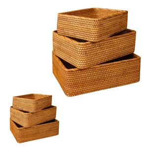 Durable Rectangular Wicker RATTAN <b>BASKET</b> / <b>TRAY</b> 3-Piece Natural Woven <b>Basket</b> for Home, Cafe and Bakery - Product Image 1