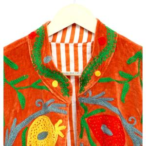 Veste en velours à col mandarin, broderie florale à la main, manches trois quarts, toutes saisons, style bohème, réversible - Product Image 4
