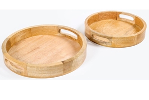 Plateau rond artisanal en bois de manguier avec poignées découpées pour servir des fruits, des collations, du petit-déjeuner et une présentation élégante de la table - Product Image 3