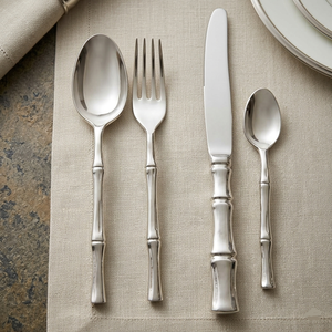 Cubiertos de Plata Personalizados al por Mayor, Juego de Cuchillos, Tenedores y Cucharas de Acero Inoxidable para Hoteles y Restaurantes de Lujo, Diseño Nórdico con Bambú - Product Image 1
