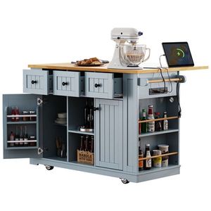 53-Inch Large Kitchen Island Cart 5 Rollable Wheels 5 Openings Drop Leaf Power Outlet Door Internal Kitchen Islands Carts - Product Image 2