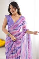 Sari rose rayé en polyester pour femme avec bordure ornée de miroirs, style décontracté Inde & Pakistan, longueur ras du sol, coupe classique