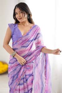 Traditional Georgette Beautiful Tone Colour <b>Mirror</b> Work Saree <b>with</b> Unstitched Blouse for Women Party - Product Image 2