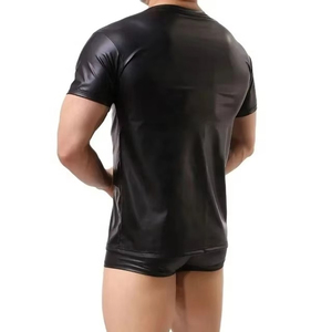 Men's High Quality Solid Shiny PU Leather Long Sleeve Crew Neck T-<b>Shirt</b>-High Street Casual Winter Wear Breathable Eco-Friendly - Product Image 1